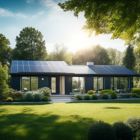 A serene suburban house with a sloping roof, covered in sleek black solar panels, surrounded by lush green trees and a bright blue sky with few white, puffy clouds.