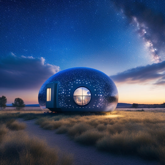 A futuristic, modern solar-powered house with 10 subtle, glowing orbs surrounding it, each representing a cost category, amidst a serene, starry night sky with a subtle Earth silhouette in the background.