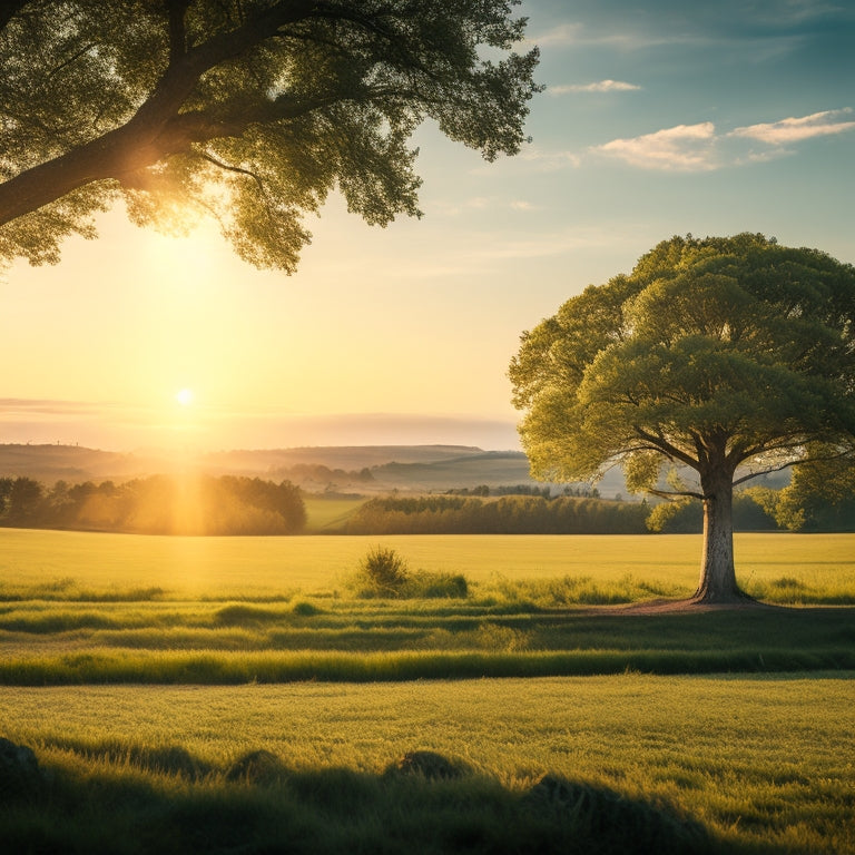 A serene landscape with a wind farm in the distance, a single tree with solar panels on its branches, and a sun shining down, casting a warm glow on the lush green grass.