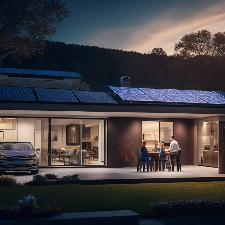 An illustration depicting a modern home with solar panels on the roof, a sleek battery backup system in the garage, and a family enjoying a bright, lit-up living room during a nighttime power outage.