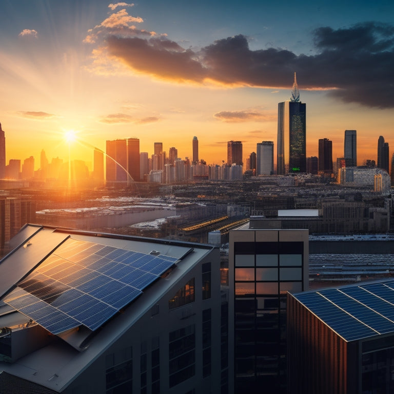 A vivid illustration of a cityscape during sunset, featuring a commercial building with sleek, black solar panels installed on its rooftop, surrounded by a sea of conventional buildings.