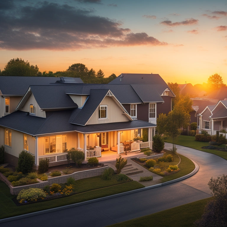 Illustrate a serene suburban neighborhood at dusk, with several houses featuring solar panels on rooftops, surrounded by lush greenery and a bright orange sky with a subtle sun symbol.