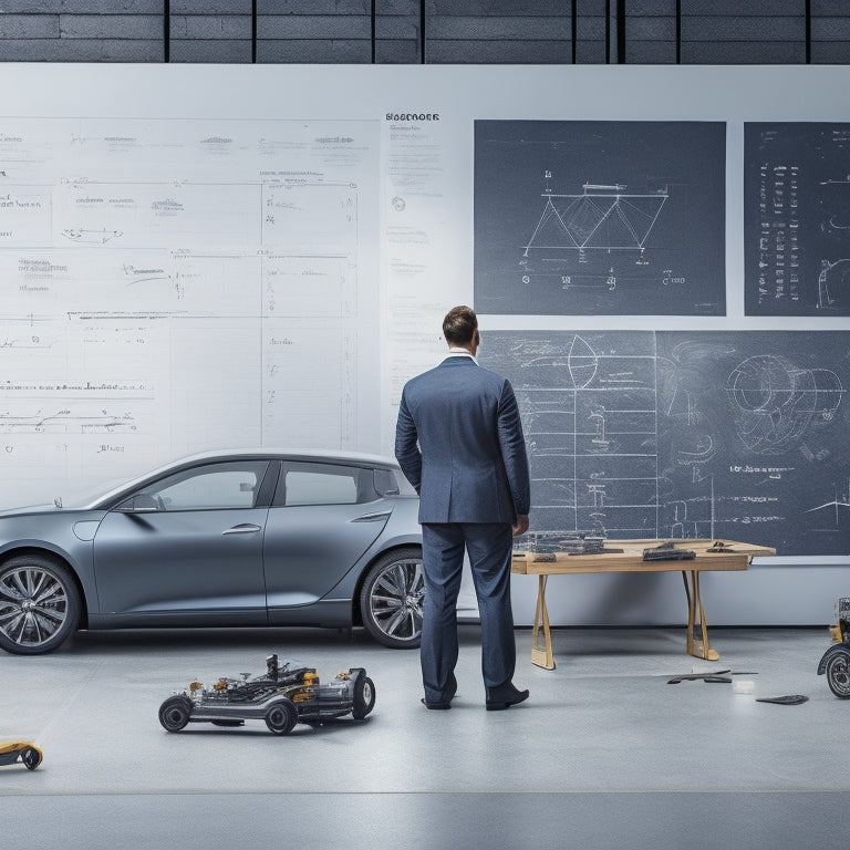 An illustration of a person standing in front of a whiteboard covered in mathematical equations and diagrams of electric vehicles, surrounded by scattered tools and car parts.