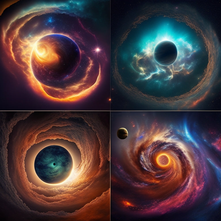 A sprawling, starry galaxy with four distinct solar systems, each featuring a unique planetary arrangement, with vibrant, swirling gases and orbiting moons, set against a deep, inky blackness.