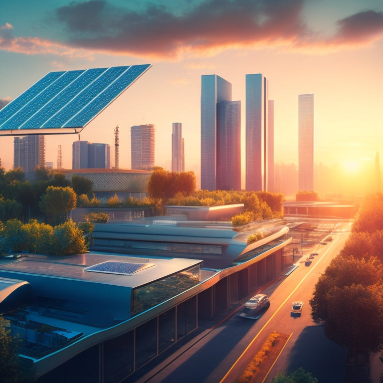 A futuristic cityscape at sunset with sleek, silver commercial buildings featuring installed solar panels on rooftops, with some panels partially hidden by greenery, and a few buildings with reflective glass facades.