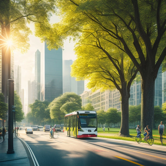 A serene, sunlit cityscape with lush greenery, featuring a prominent bike lane, electric buses, and a few sleek, modern e-scooters, amidst a backdrop of towering trees and minimalist skyscrapers.