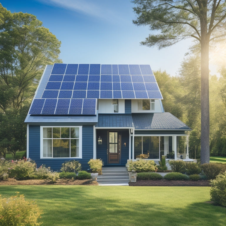 A serene suburban home with a pitched roof, adorned with neatly arranged solar panels in shades of dark blue and silver, surrounded by lush greenery and a clear blue sky.