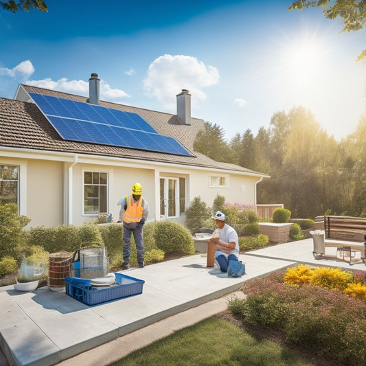 Illustrate a serene backyard with a modern house, a technician in a yellow vest and hard hat, surrounded by solar panels, ladders, and tools, amidst a backdrop of clear blue sky and fluffy white clouds.