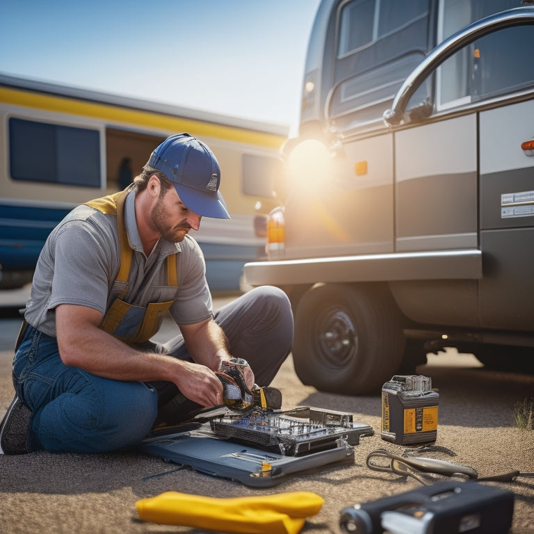 A close-up of a person in a mechanic's uniform, kneeling beside a recreational vehicle with a solar panel on its roof, holding a multimeter and looking at a loose connection.