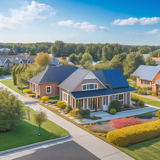 A serene suburban neighborhood with a mix of modern and traditional houses, each featuring sleek, black solar panels installed on rooftops, surrounded by lush green trees and a clear blue sky with a few puffy clouds.