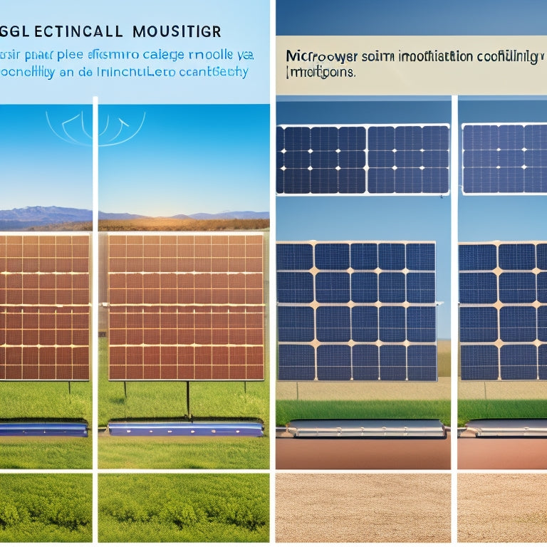 Illustrate a split-screen comparison of a solar panel array with micro inverters, showcasing individual units attached beneath each panel, versus a similar array with power optimizers, highlighting module-level monitoring and optimization.