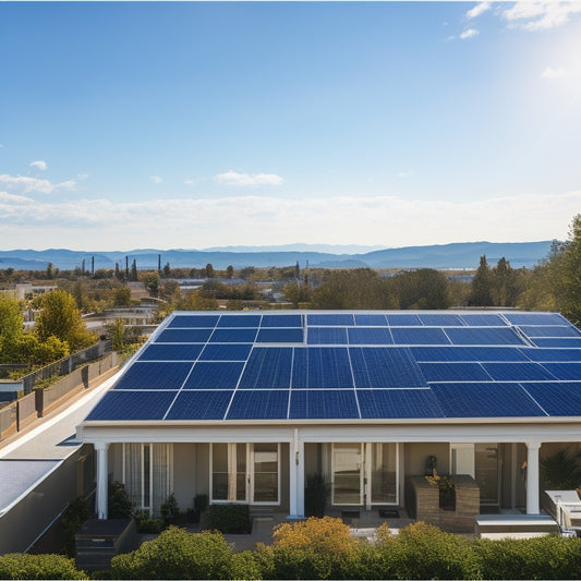 A daytime rooftop scene with multiple solar panels installed, varying in size and design, amidst a backdrop of clear blue sky and fluffy white clouds, with a subtle hint of a suburban neighborhood.