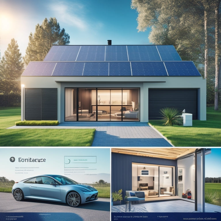 A modern, sleek home with solar panels on the roof, a compact battery system in the garage, and a digital display on the wall showing energy storage levels and usage.