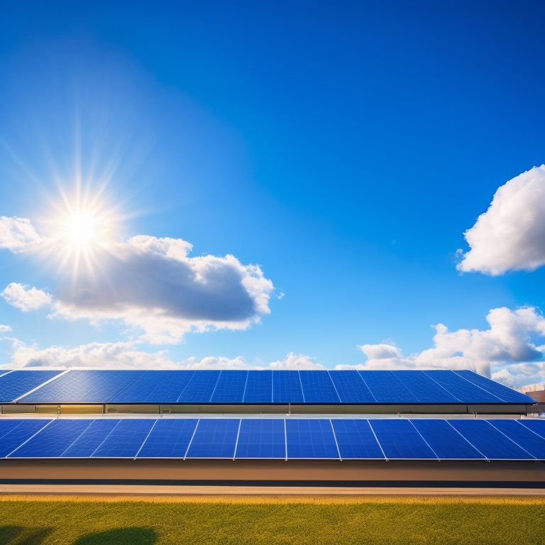 A bright blue sky with fluffy white clouds, a large commercial building with a sleek, modern design, and a sprawling solar panel array on its rooftop, with a subtle glow effect.