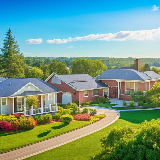 A serene suburban neighborhood with various homes featuring installed solar panels on rooftops, surrounded by lush greenery and a bright blue sky with a few fluffy white clouds.