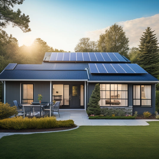 A serene suburban home with various solar panel systems installed: sleek black panels on the roof, a freestanding array in the backyard, and integrated panels on a patio roof.