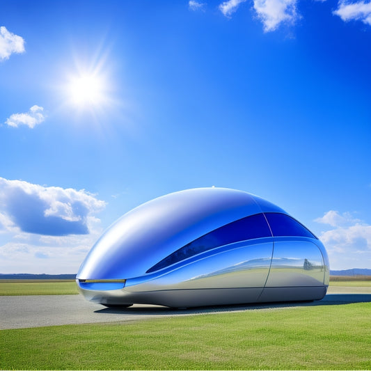 A futuristic, sleek, silver electric vehicle with a curved roof integrated with high-efficiency solar panels, set against a bright blue sky with few, puffy white clouds.