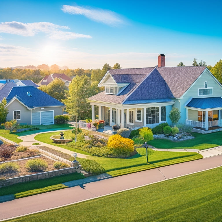 A serene suburban landscape with a mix of modern and traditional homes, each adorned with sleek solar panels, under a bright blue sky with a few puffy white clouds.