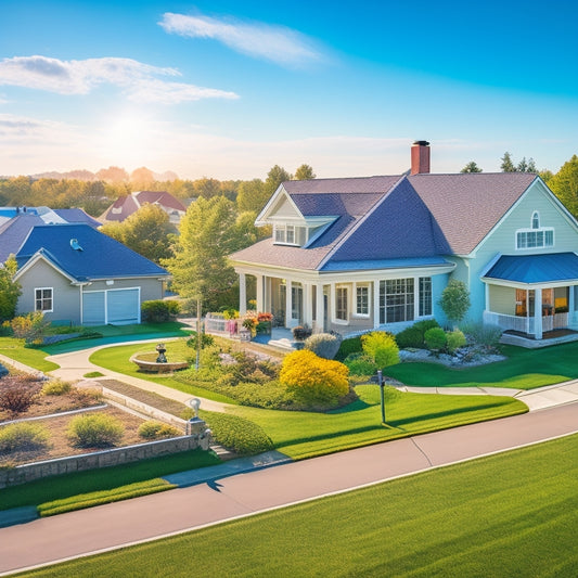 A serene suburban landscape with a mix of modern and traditional homes, each adorned with sleek solar panels, under a bright blue sky with a few puffy white clouds.