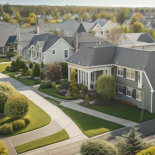 A serene suburban neighborhood with various residential rooftops showcasing different panel mounting systems, such as rail-less, rail-based, and shared rail systems, with a subtle grid pattern in the background.