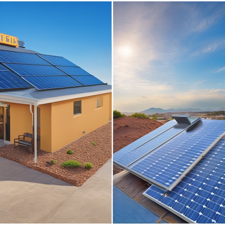 A split-screen image featuring a rooftop with solar panels installed on one side and a checklist of icons on the other, including a hammer, dollar sign, roof tile, and electrical plug.