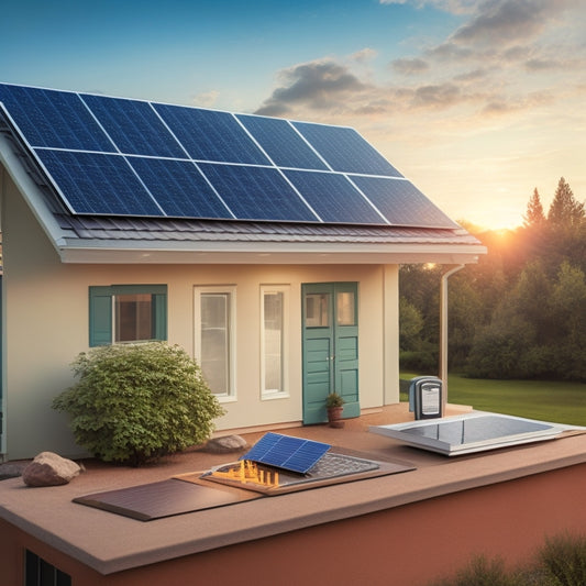 An illustration of a solar panel installation with hidden costs symbolized by subtle, ghostly overlays: a faint calculator hovering above a panel, a soft hammer near a roof tile, and a whispery wire snaking behind a meter.