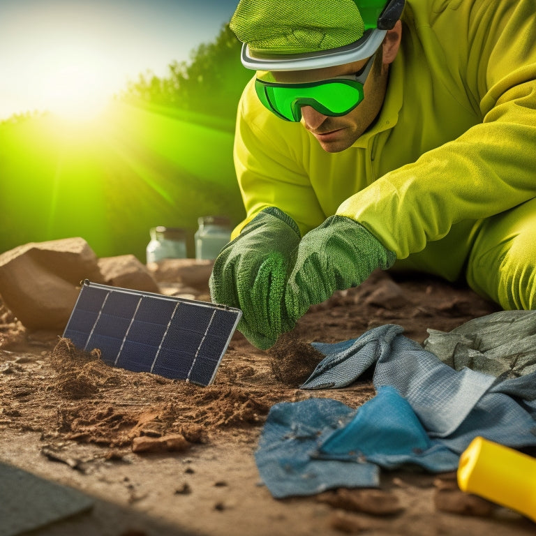 An illustration of a person wearing gloves and safety goggles, disassembling an old, cracked solar panel into separate components, with recycling bins and a green earth in the background.