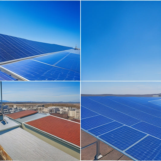 A split-screen image: a rooftop with installed solar panels against a bright blue sky, and a detailed, zoomed-in view of a single panel's components, including wires, inverters, and mounting hardware.