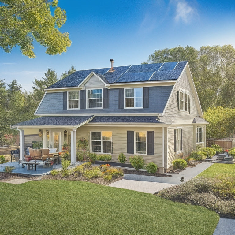 A sunny suburban home with solar panels installed on the roof, a ladder leaning against the side, and a toolbox open on the lawn, surrounded by measuring tapes and scattered screws.