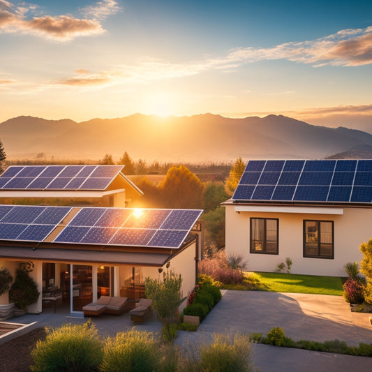 A sunny California landscape with a foreground of solar panels installed on a residential rooftop, surrounded by a subtle grid of financial charts and graphs, with a subtle California state outline in the background.