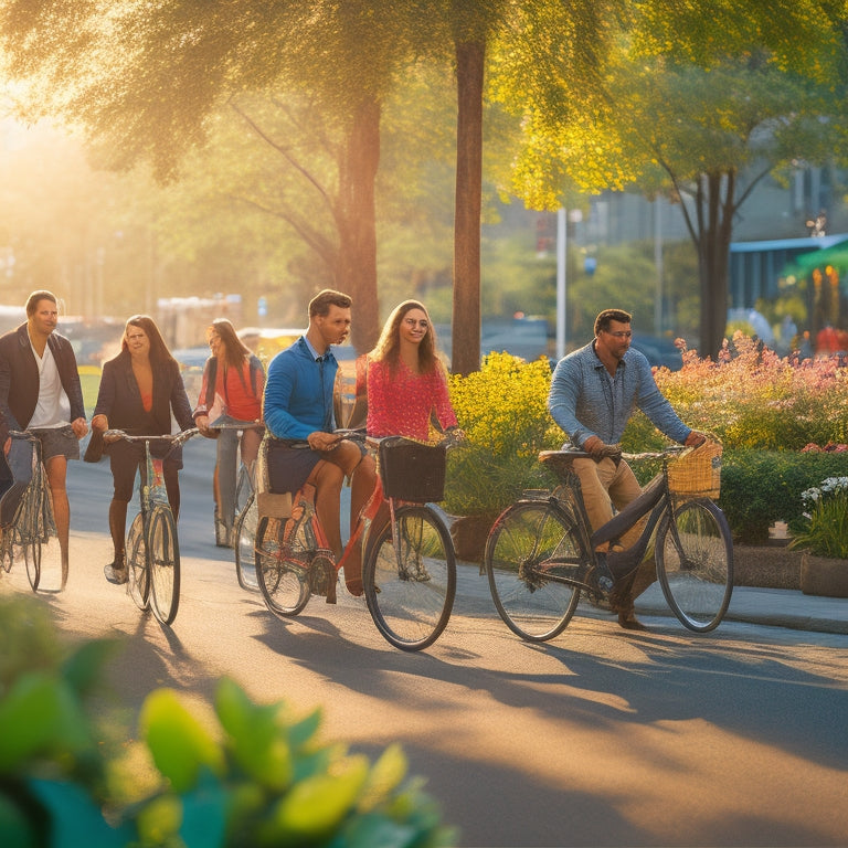 A serene, sunlit cityscape featuring a diverse group of commuters using eco-friendly modes of transportation, including bicycles, scooters, skateboards, and electric buses, amidst lush greenery and blooming flowers.