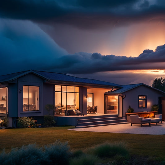 A warm-lit, modern home at dusk with a battery backup system in the background, surrounded by gadgets and devices, while a powerful storm rages outside with dark clouds and lightning.