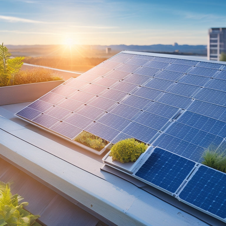 A bright and modern illustration of a solar panel installation on a rooftop, with a laptop and a tablet nearby, surrounded by rising arrows and growing plants, symbolizing growth and success.