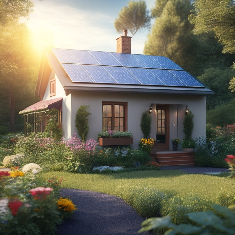 A serene small home with solar panels on the roof, surrounded by lush greenery and vibrant flowers, with a subtle sun shining down, casting a warm glow on the entire scene.