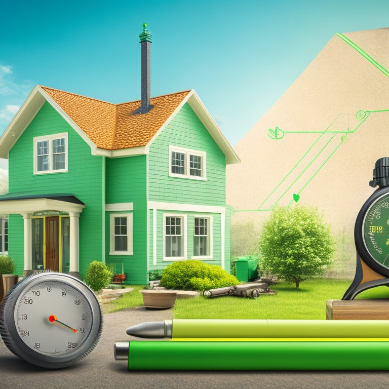 An illustration of a house with a green checkmark above it, surrounded by construction tools and a faint blueprint in the background, with a speedometer or stopwatch incorporated subtly into the design.