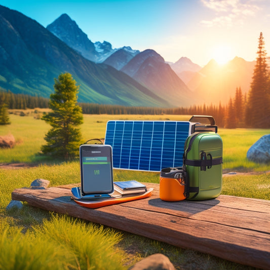 An illustration of a camping scene with a solar charger panel on a backpack, connected to a device, and a solar power bank beside it, with a subtle background of mountains and trees.