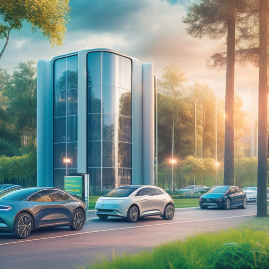 A futuristic apartment complex with electric vehicles parked in designated charging bays, surrounded by sleek, modern architecture and lush greenery, with charging cables and stations visible.