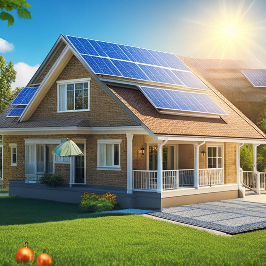 An illustration of a house with solar panels on the roof, surrounded by question marks, calculators, and dollar signs, with a subtle background of a sunny day and a faint grid of numbers.