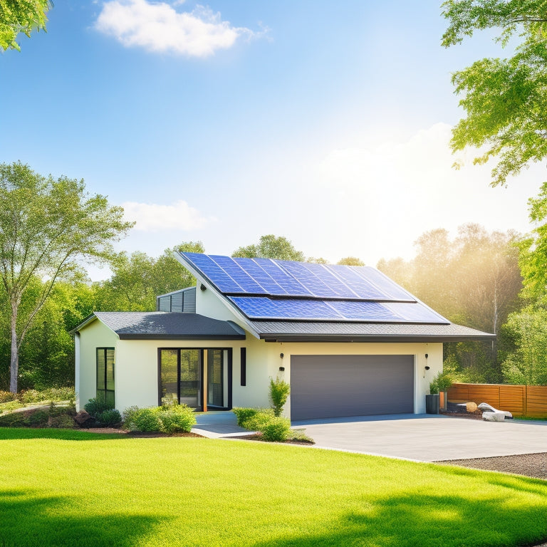 A serene, modern sustainable home with solar panels on the roof, a battery storage system in the garage, and lush greenery surrounding the property, set against a bright blue sky with fluffy white clouds.