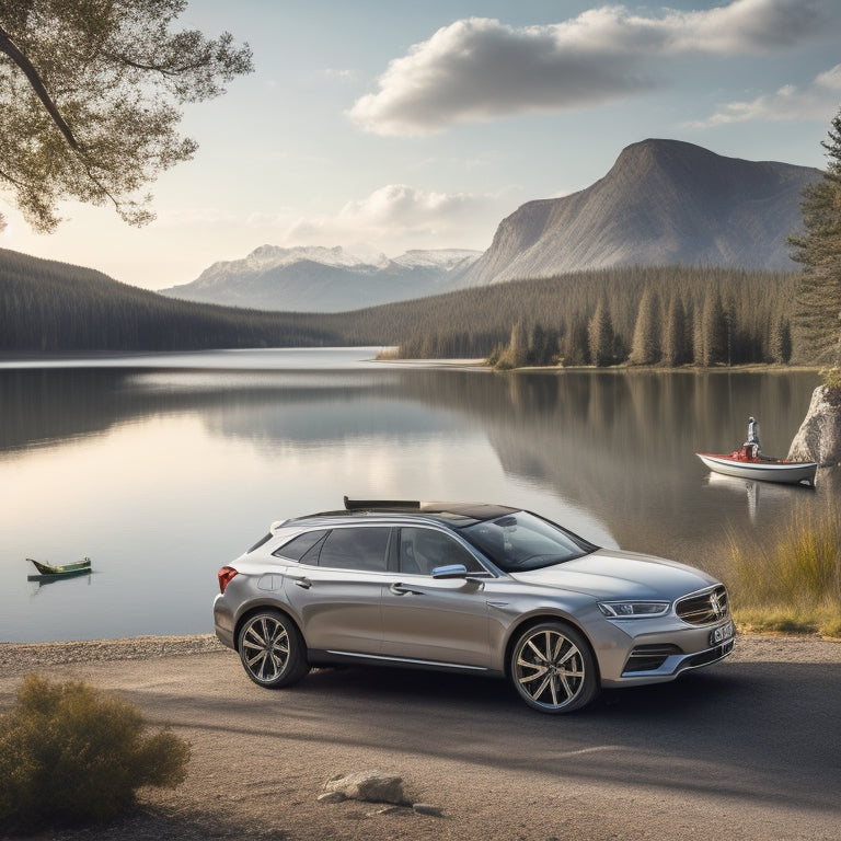 A serene landscape depicting a sleek, silver car parked beside a calm lake, with a sleek roof-mounted cargo carrier and a few outdoor gear pieces, such as a bike and kayak, securely attached.