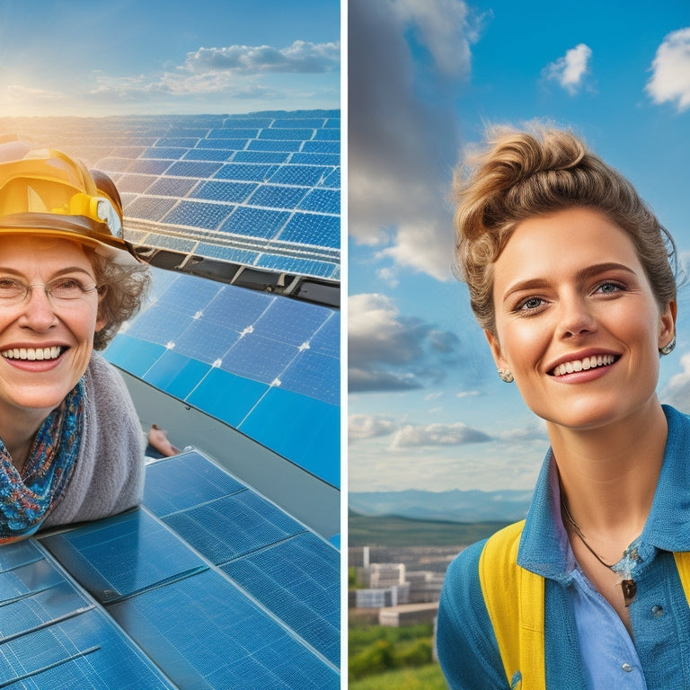 A split-screen image: a cloudy, puzzled face on the left, surrounded by broken clocks and tangled wires, contrasted with a sunny, smiling face on the right, amidst a tidy, modern rooftop solar array.