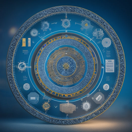 An illustration of a central hub with interconnected gears, each labeled with icons representing data management, automation, and analytics, surrounded by orbiting elements symbolizing efficiency, scalability, and security.