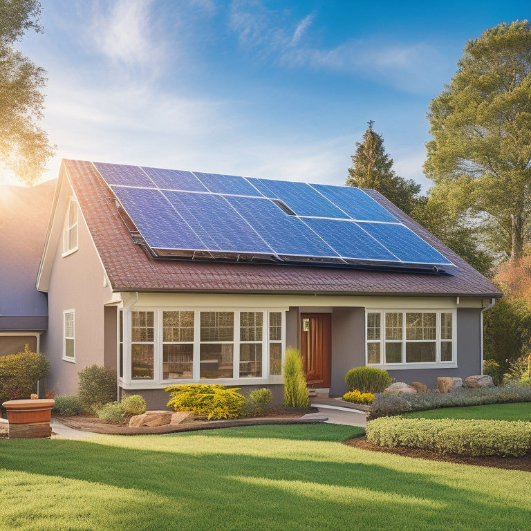 A serene suburban home with solar panels installed on the roof, surrounded by lush greenery and a bright blue sky, with a subtle hint of sunlight reflecting off the panels.