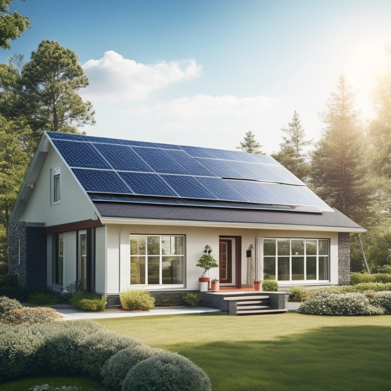 A serene suburban home with a sleek, modern solar panel array on the roof, surrounded by lush greenery, with a bright blue sky and a few fluffy white clouds.