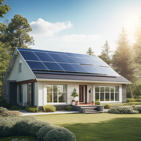 A serene suburban home with a sleek, modern solar panel array on the roof, surrounded by lush greenery, with a bright blue sky and a few fluffy white clouds.