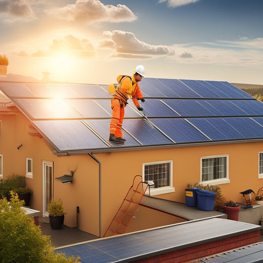 A photorealistic illustration of a solar array installation in progress, showcasing a roofer securing panels to a residential rooftop, with a ladder, toolbox, and wiring in the surrounding area.