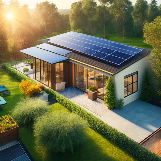 Illustrate a modern, sleek residential rooftop with a mix of solar panels and skylights, surrounded by lush greenery, with a subtle grid pattern in the background, conveying energy efficiency and sustainability.