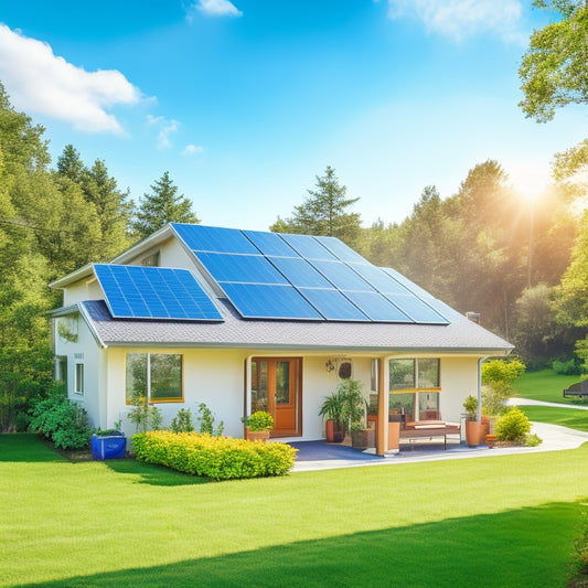 A serene suburban home with a sloping roof, adorned with a few small, sleek solar panels, amidst lush greenery, under a bright blue sky with a few puffy white clouds.