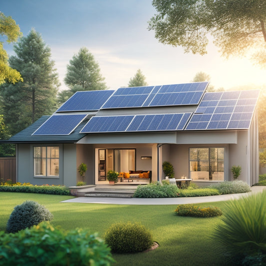 A serene suburban home with a pitched roof, surrounded by lush greenery, featuring a sleek, compact solar panel array on the roof, with a few panels angled for maximum energy absorption.