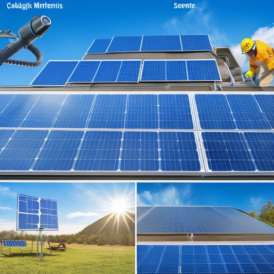 An illustration of a solar panel array with various icons and graphics showcasing maintenance activities, such as a person cleaning panels, a wrench tightening bolts, and a sensor monitoring performance, set against a bright blue sky.